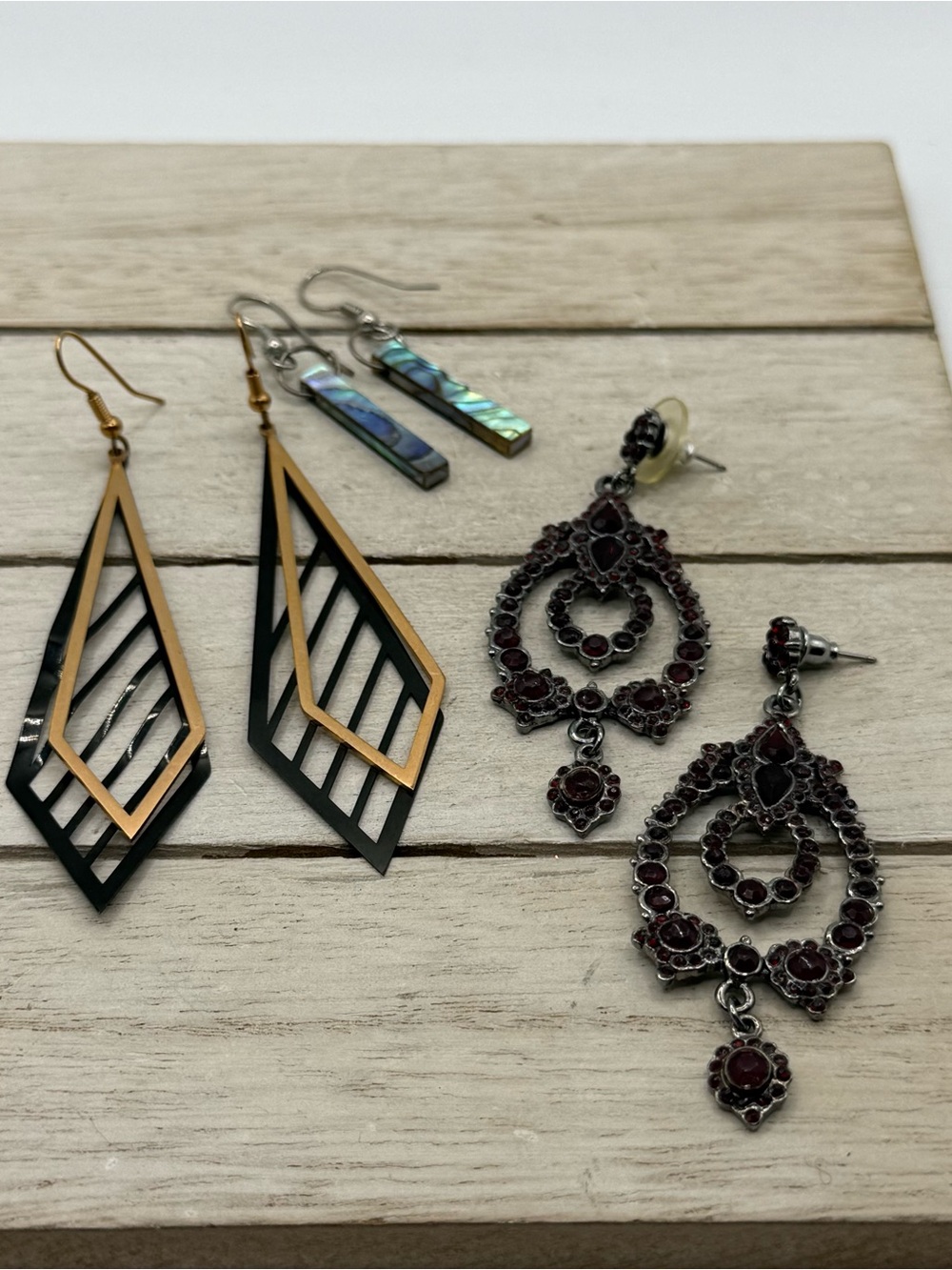 Set of 3Gold & Black Geometric Drop Earrings with Garnet-Colored Chandelier Pair